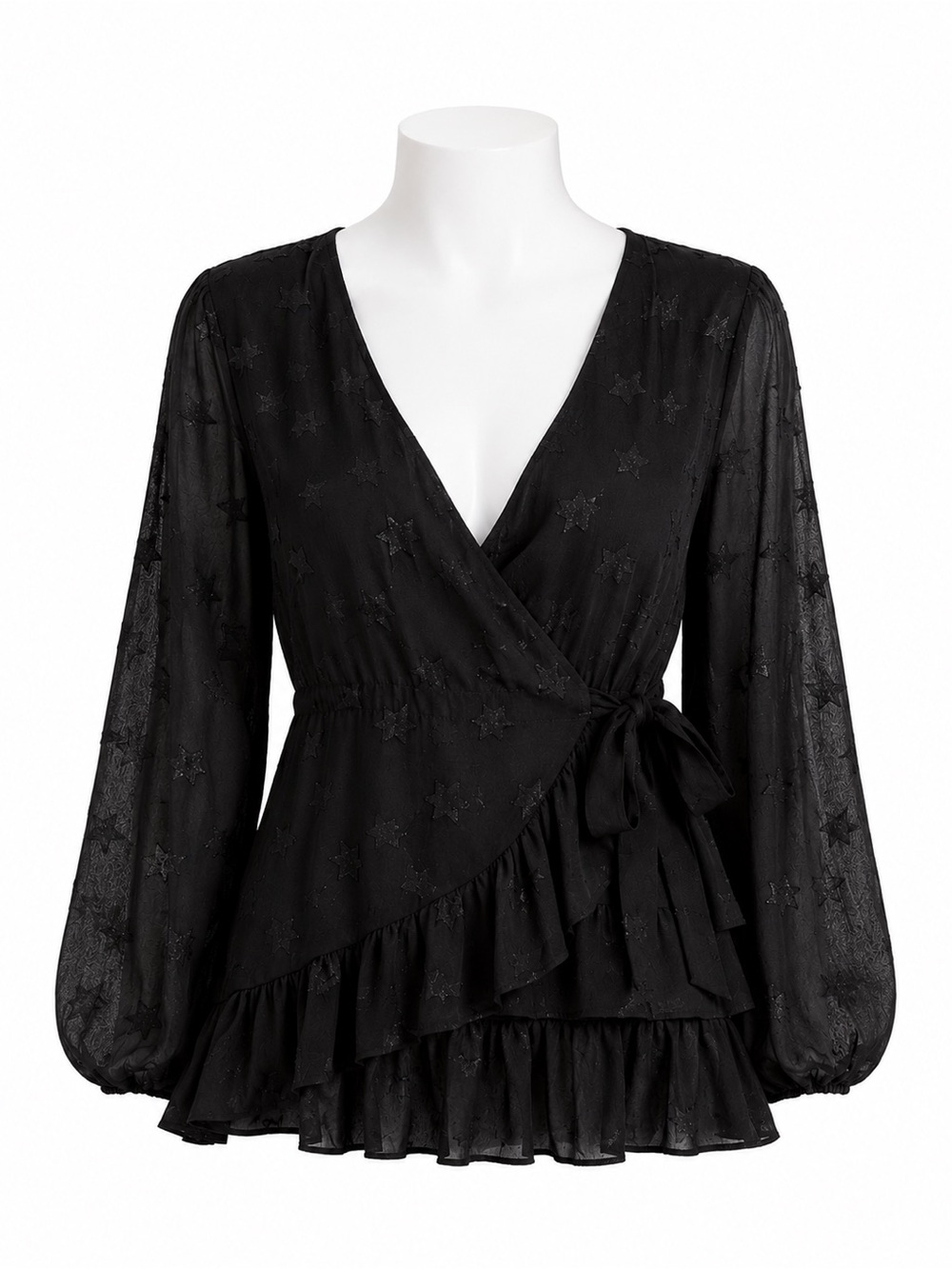 Size 0X Torrid Lurex Star Surplice Ruffle Hem Top Black Plus Size Blouse